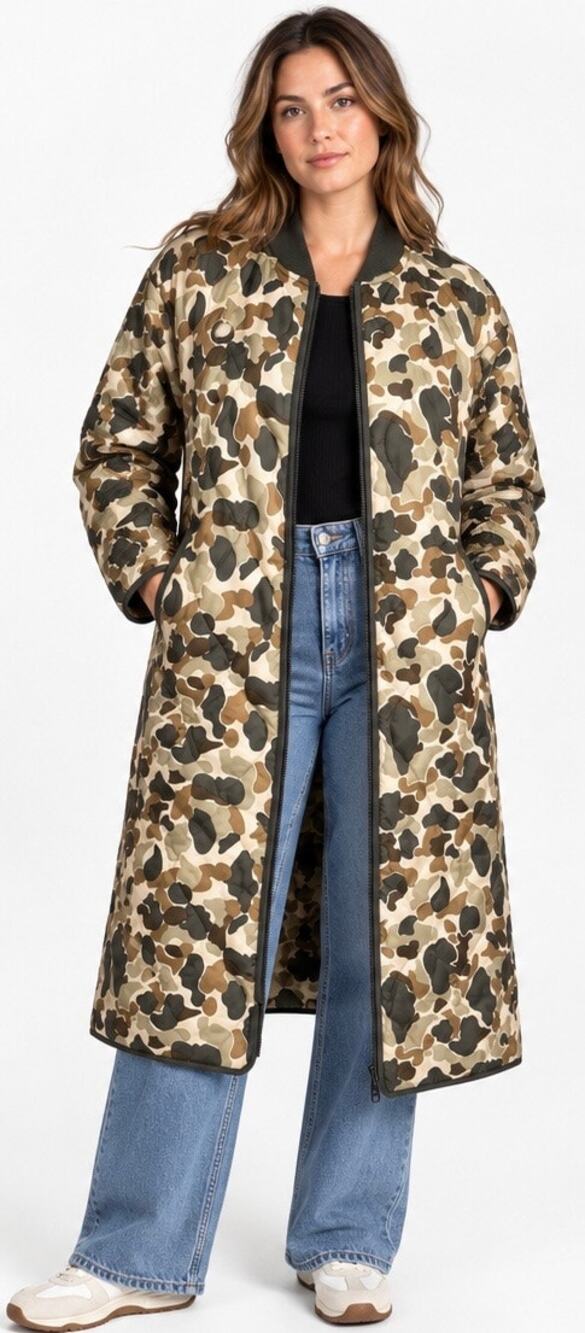 Everlane ReNew Long Liner Biscotti Camo Quilted Coat XS NWT